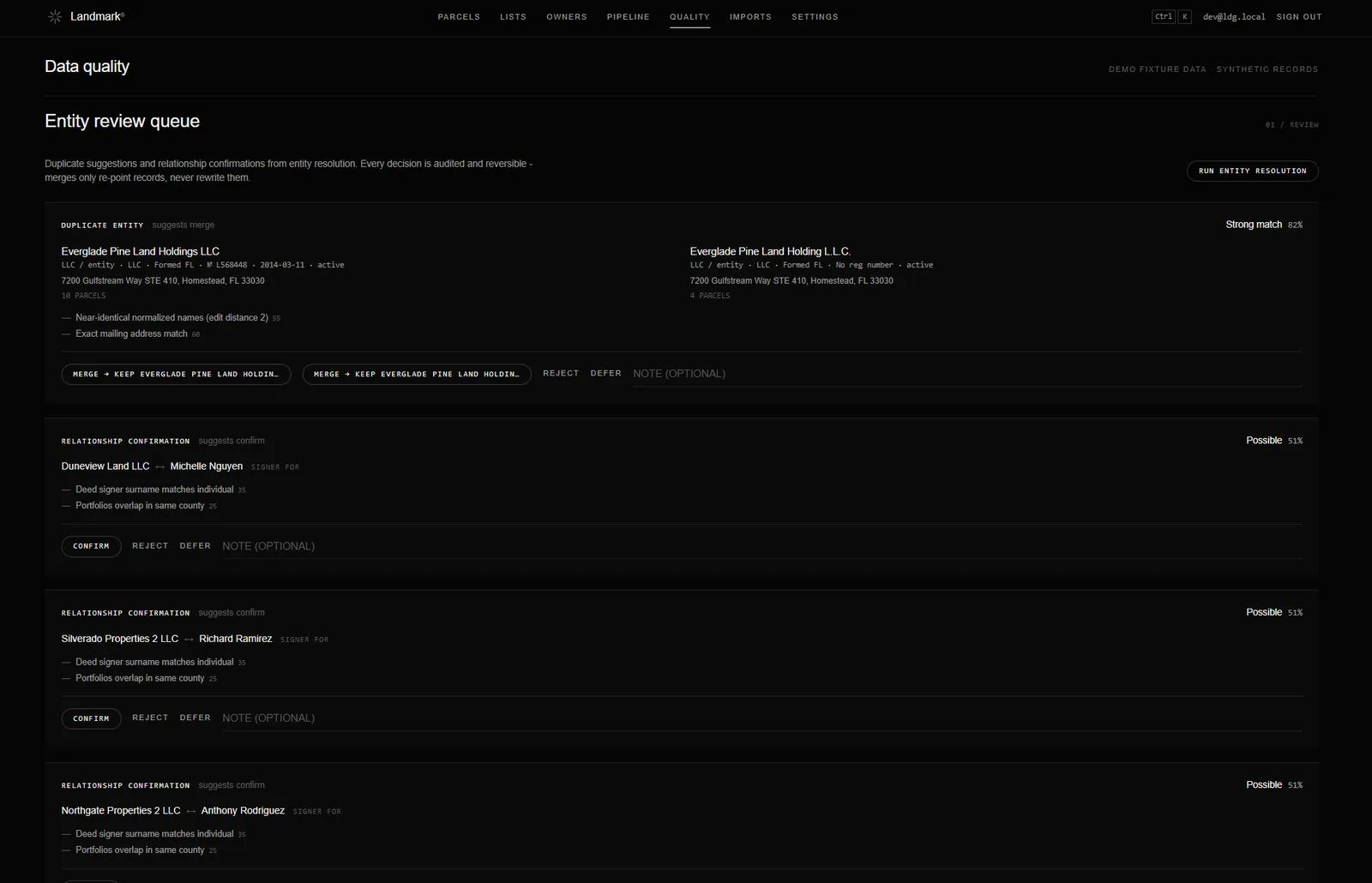 Landmark data quality and entity review queue